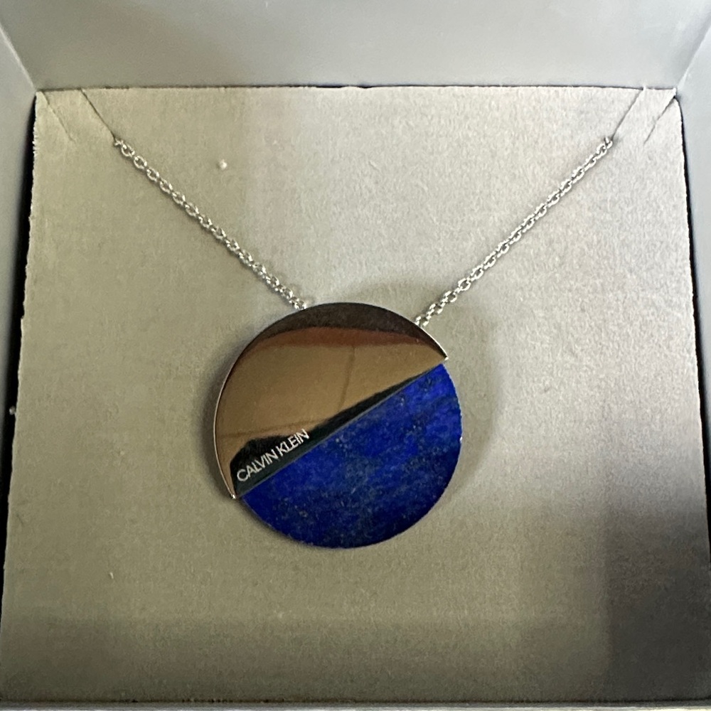 Calvin Klein Silver and Blue Lapis Circle Necklace